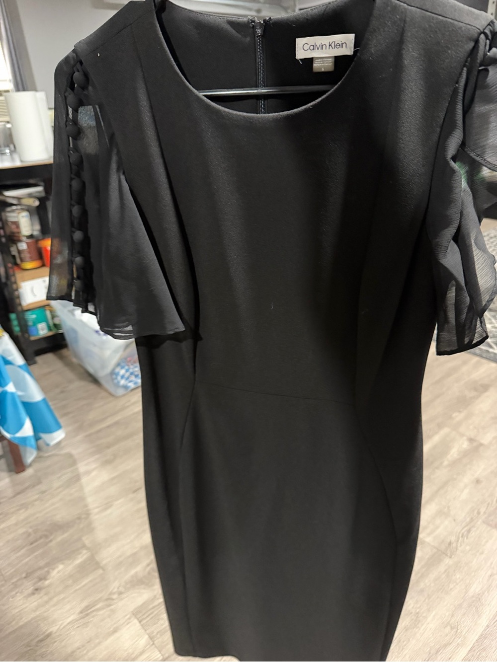 Calvin Klein Black Midi Sheath Dress with Chiffon Flutter Sleeves